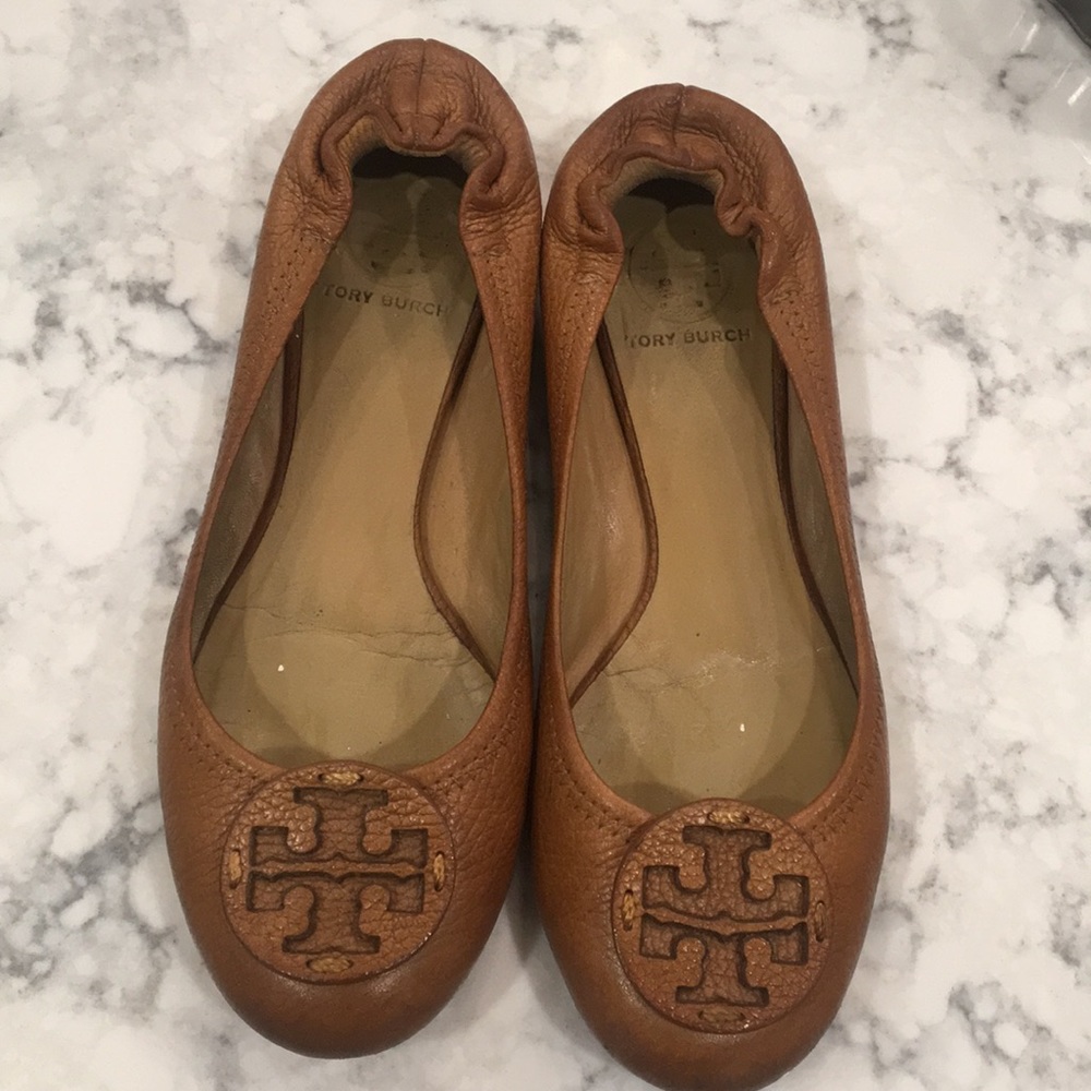 Tory Burch Minnie cognac flats.